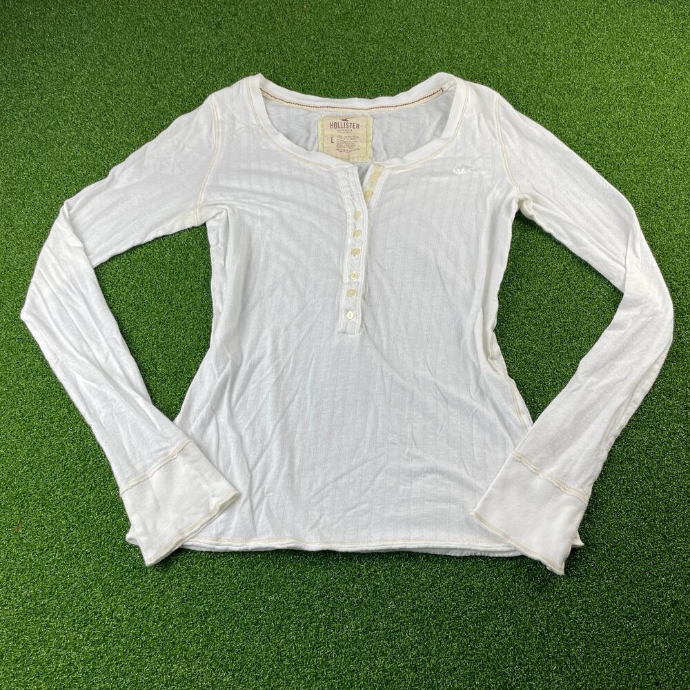Hollister Y2K White Ribbed Henley Long Sleeve Baby Tee Coquette Womens Size L
